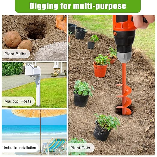 Auger Drill Bit for Planting 3 x 24'', Threaded Garden Auger Post Hole Digger, Spiral Drill Earth Dirt Augers for Bulb, Vegetables, Fence Posts and Umbrella Holes, Fits in 3/8” Drill Chuck