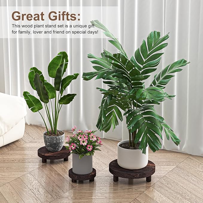 3 Pcs Wood Plant Stand Indoor Outdoor, Round Wood Riser for Decor 6/8/10" Wooden Stool Display Stand Flower Pot Holder Small Planter Tray Modern Potter Decorative for Desktop Counter Room
