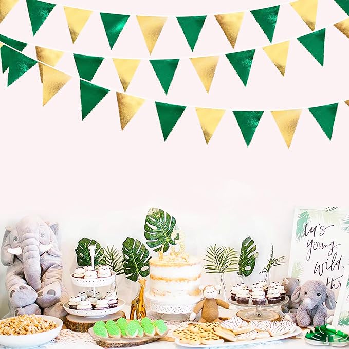 Green Gold Party Decorations Metallic Fabric Triangle Pennant Banner Flag Bunting Garland for Graduations Birthday Retirement Wedding Baby Shower Spring Summer Master Golf Theme Outdoor Party Supplies