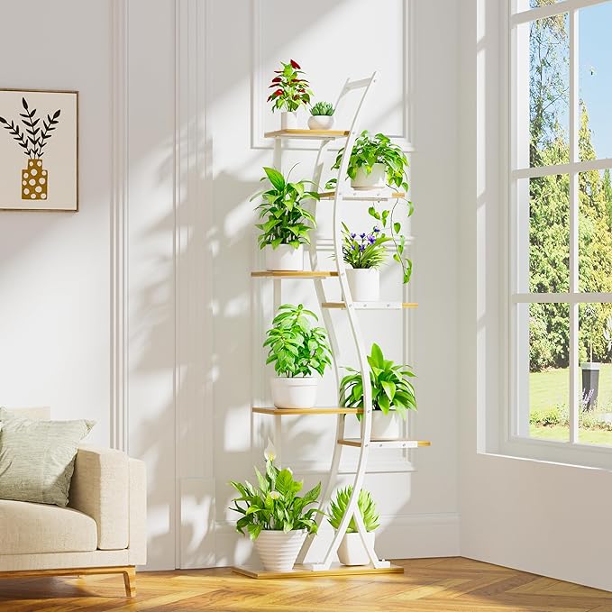 62" Tall Plant Stand with Grow Light Indoor, 7 Tiered White Plant Shelf for Indoor Plants, Curved Corner Flower Stand Display Rack Holder for Living Room, Patio, Balcony Decor