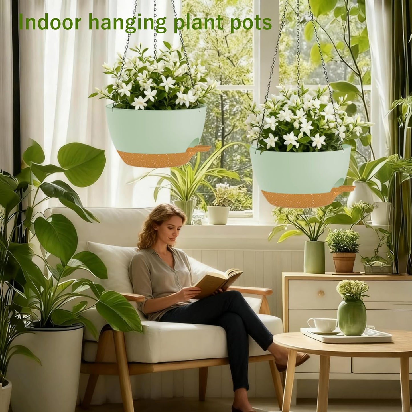 2 Pack Hanging Planters for Indoor Outdoor Plants, 12 Inch Self Watering Hanging Pot with Drainage Holes and Saucer, Plastic Plant Pots, Green Brown Flower Pots for Kitchen, Balcony, Garden