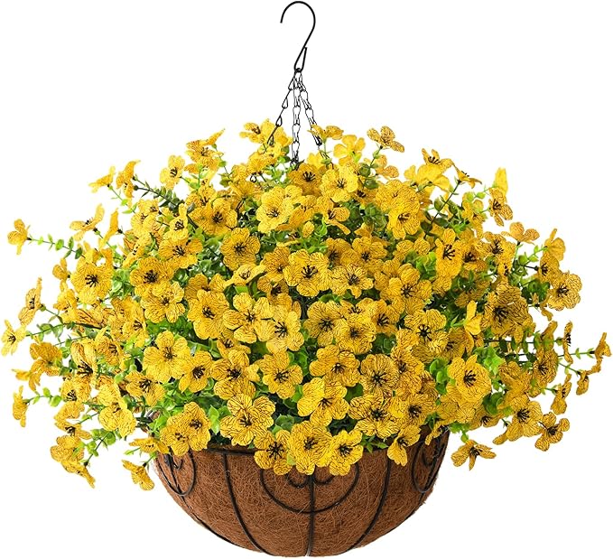 Artificial Faux Hanging Plants Flowers Basket Outdoor Indoor Patio Lawn Garden Spring Decor, Fake Silk Daisy in Basket with 12inch Coconut Lining Chain Palm Flowerpot(Yellow)