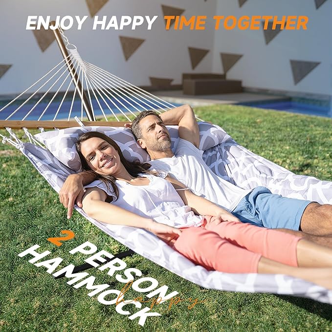 2 Person Outdoor Hammock with Stand, Cotton Rope Hammock with Polyester Pad, Adjustable Steel Frame, Portable with Carrying Bag – for Patio, Backyard, Garden, Beach, Cloud-Gray