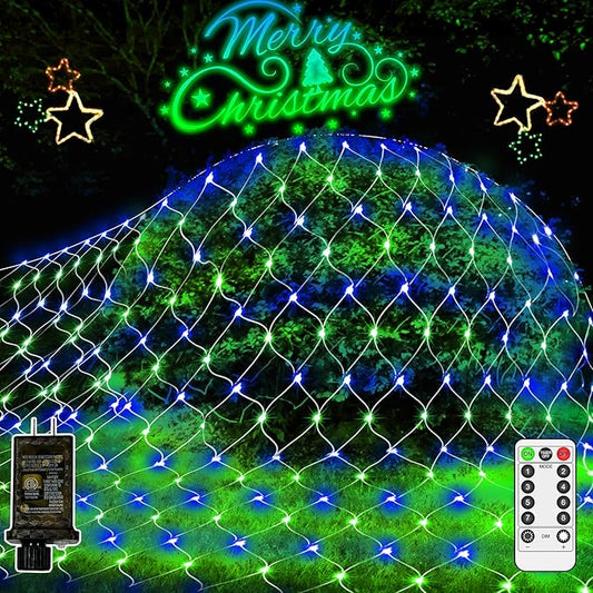 200 LED Christmas Net Lights Outdoor Decorations 3M*2M Mesh Lights Fairy String Lights Plug in with Timer 8 Modes Waterproof for Outside Bush Window Wall Patio Fence Party Decor-Blue and Green