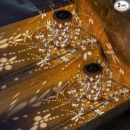 2 Pack Solar Lanterns Outdoor Hanging Lantern Lights, Dragonfly Hollowed-Out Metal Decor Lantern, Waterproof LED Decorative Garden Light - Delicate Garden Decoration for Patio, Yard