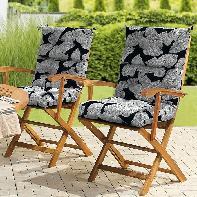 LVTXIII Outdoor Seat/Back Chair Cushion Patio Tufted High Back Cushion, Seasonal Replacement Rocking Chair Cushion with Ties (44” L x 22W”, Set of 2, Black Lush Leaf)