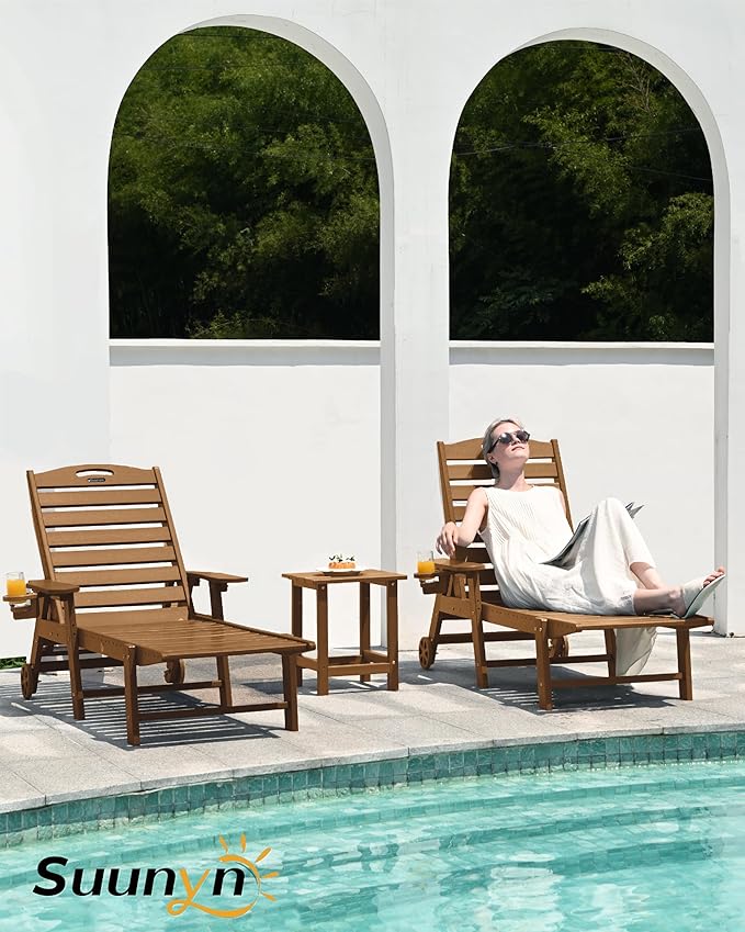Lounge Chair Outdoor Set of 2, HDPE Chaise Lounge Outdoor with 6-Position & Wheels &Cup Holder, Pool Lounge Chair for Pool Poolside Deck Backyard Patio, Teak