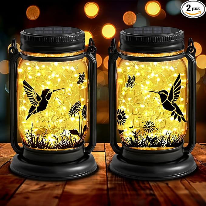 2 Pack Hummingbird Solar Outdoor Lanterns, Birthday Mothers Day Gifts for Women Mom Grandma, Vintage Glass Mason Jar Solar Fairy Lights, Waterproof Garden Lights for Patio Yard Lawn Tree Party Decor