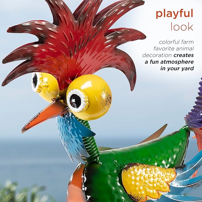 Alpine Corporation - 18" Tall Wacky Metal Rooster Yard Statue – Colorful Indoor/Outdoor Farm Animal Décor for Garden, Patio, Lawn, or Porch