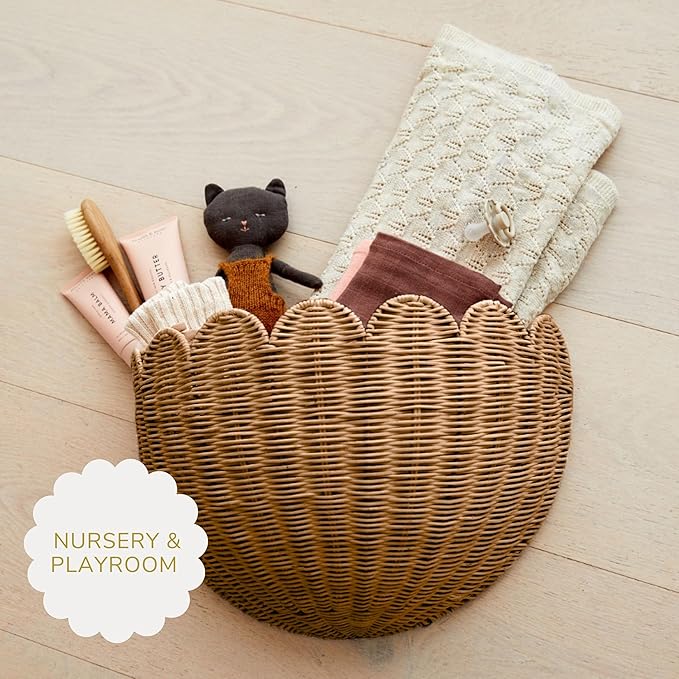 BEBE BASK Scalloped Wicker Hanging Basket - The Original Wicker Wall Decor - Hand Woven Wall Basket - Home Décor Wall Hanging Basket - Wall Storage Basket for Nursery, Living Room and Bathroom (Mocca)