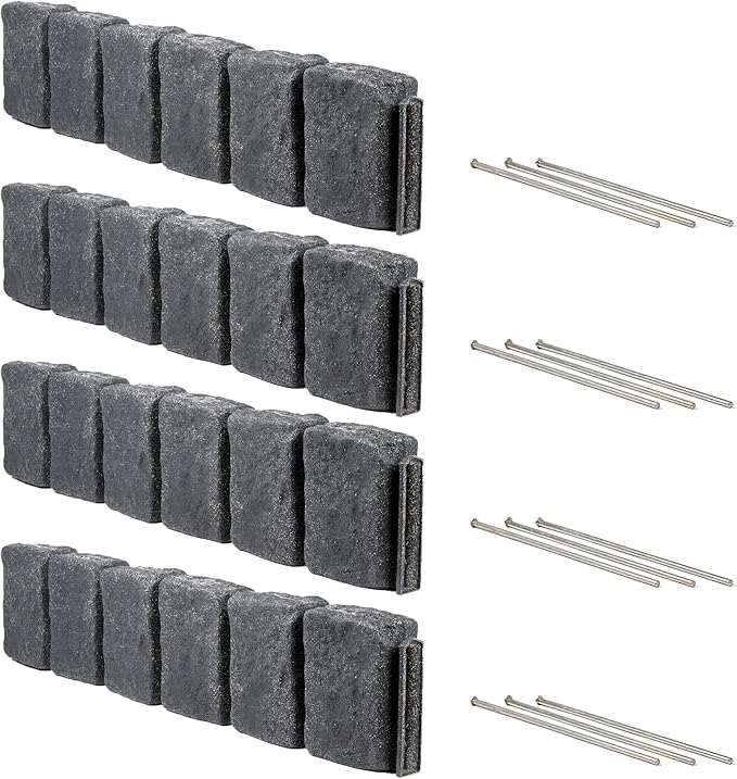 Beuta Landscape Edging | Garden Edging Border | Faux Stone Block XL for Lawn Edging, Flower Beds & Yard Edging – 4 Pack | Each Section Has 6 Blocks 48" L x 4" W x 9.5" H | 12 Spikes | Charcoal