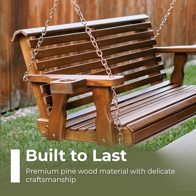 Amish Casual 4 Foot Roll Back Porch Swing with Cup Holders in Semi-Solid White Stain - Amish Made in The USA from Treated Pine Heavy Duty 700 Lb. Weight Capacity