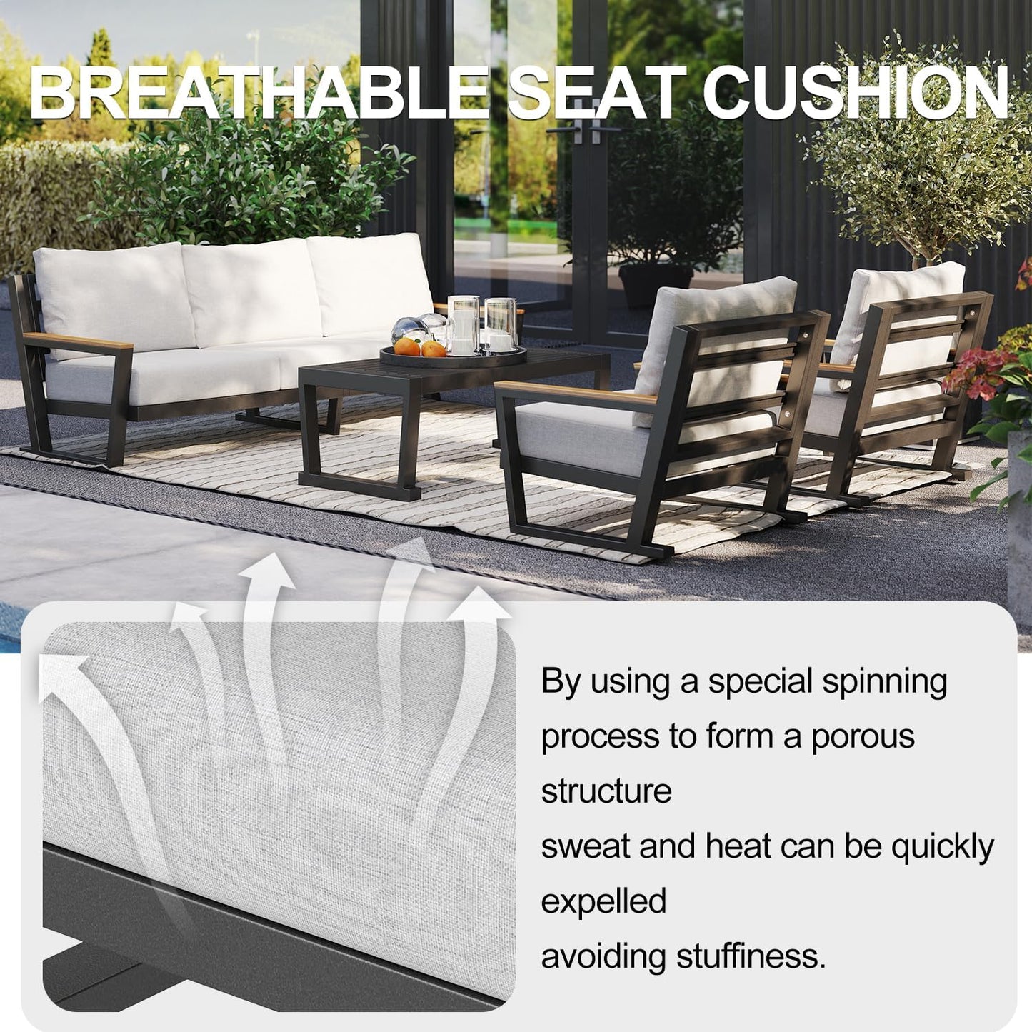 Aluminum Outdoor Sofa,4 Seats Modern Patio Furniture Set,Sectional Sofa Conversation Set with Coffee Table, Upgraded Washable Cushions for Garden Backyard,Grey