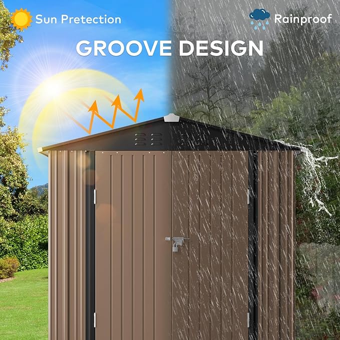 Gizoon Outdoor Storage Shed 6 x 4 FT, Galvanized Metal Garden Shed with Double Lockable Doors, Outdoor Storage Clearance for Backyard Patio Lawn-Light Brown