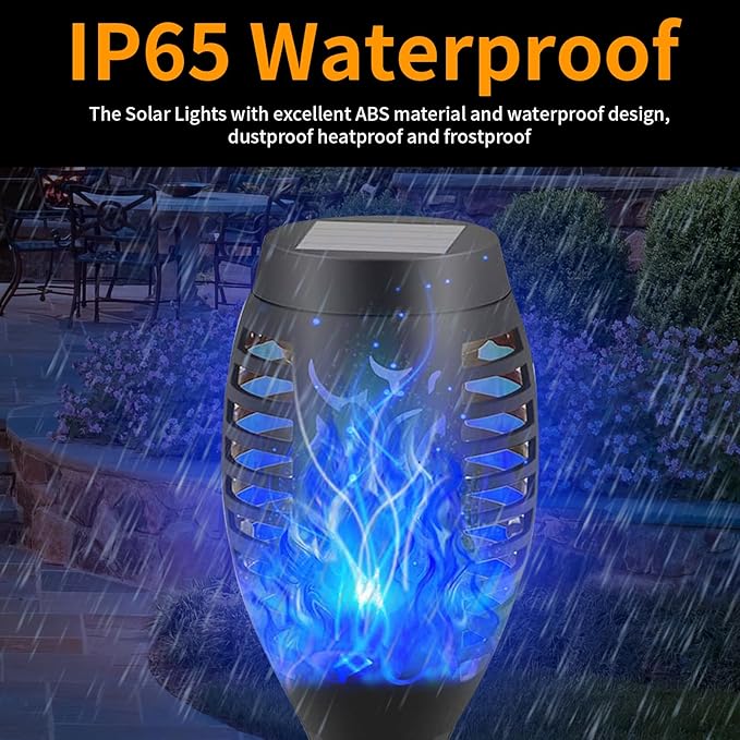 6-Pack Blue Solar Flickering Flame Torches – Waterproof Solar Garden Lights, Outdoor Solar Lights for Yards, and Flame Torches for Patio and Pathway Decorations