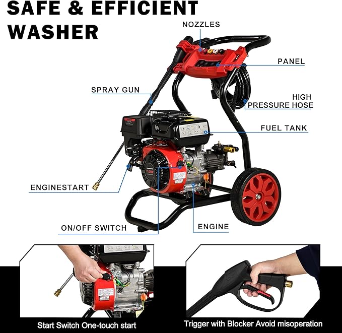 Gas Pressure Washer, 3950 PSI and 2.6 GPM, 7HP Engine with Copper Pump, 25FT Hose and Foam Cannon, 4 Nozzles, for Cars, Driveways, Fences