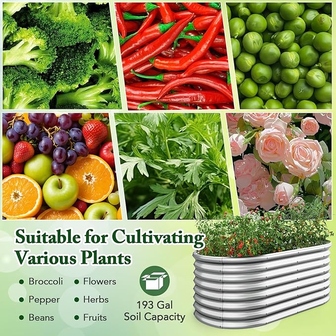 Giantex 5x3x2ft Raised Garden Bed, Large Metal Elevated Oval Planter Bed, 193 Gallon Capacity, Outdoor Planting Garden Box for Vegetable Flower Herb Grow (Silver)