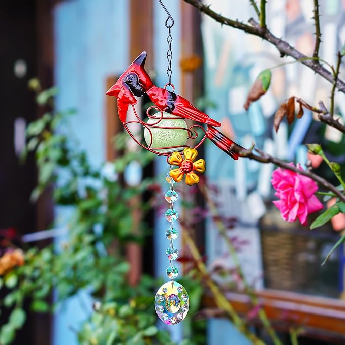 13inch Stained Metal Cardinal Birds Sun Catcher Decorative Window Hanging Ornament Crystals Prism Suncathers Red Bird for Home Garden Decor