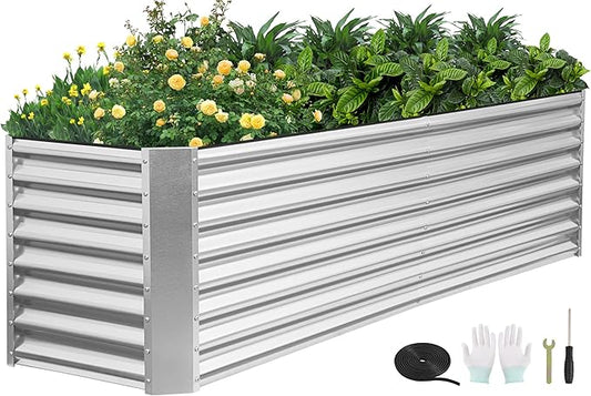 8x2x2ft Raised Garden Bed - Galvanized Deep Root Planter Boxes Outdoor with Wing Nuts and Safety Edges for Gardening Vegetables, Flowers, Herbs, Succulents - Silver