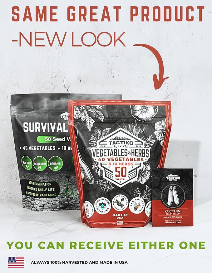 50 Vegetable & Herb Seeds Variety Pack - 25,000 Seeds - Long-Term Storage - Non-GMO Heirloom Open-Pollinated Gardening Seeds for Planting Vegetables & Herbs - Waterproof Packaging