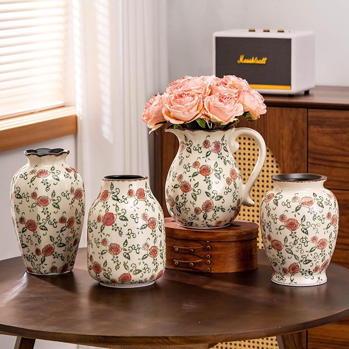 Green and Beige Vintage Round Vase, Red Rose Chinoiserie Floral Vase, Farmhouse Antique Decorative Ceramic Flower Vases for Bouquet, Home Decor, Living Room, Bookshelf, Office, Tuscan Decor 7.8 Inch