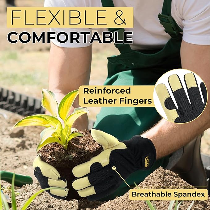 HANDLANDY Leather Work Gloves for Men & Women, Reinforced Durable Garden Gloves, Cowhide Working Glove for Gardening