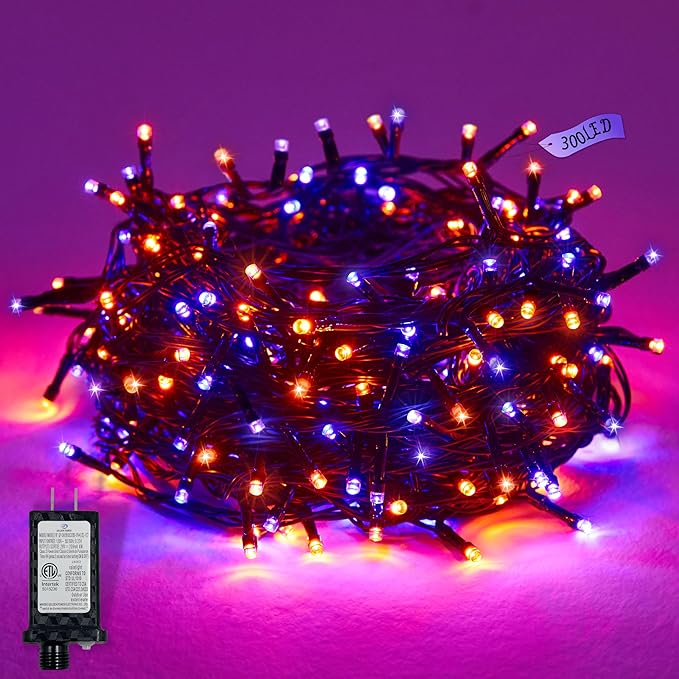 Halloween 300 LED String Lights,105FT String Lights with 8 Modes&Timer Function, Purple and Orange Halloween Lights Plug in for Party Carnival Supplies, Outdoor/Indoor Yard Garden Decor