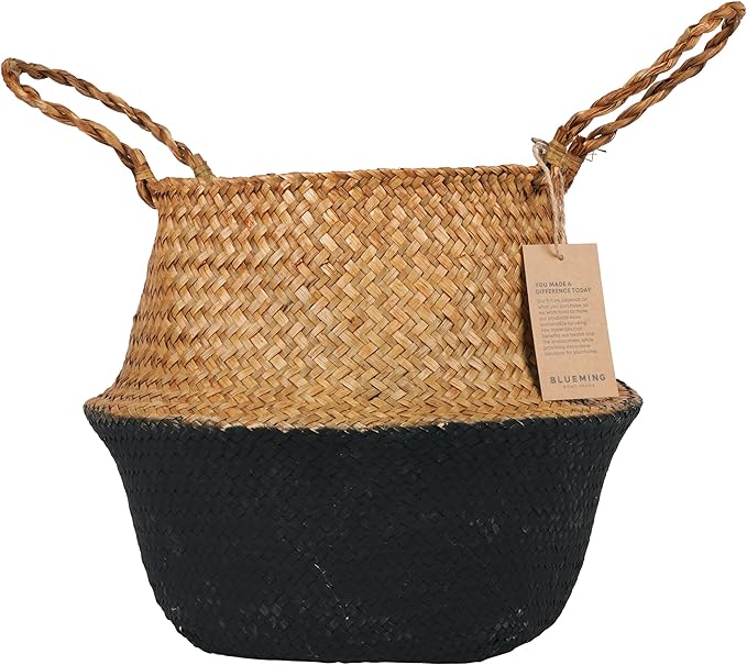 Basket Planter – Woven Seagrass Plant Pot for Tall Indoor Artificial Plants, Wicker Rattan Planters for Boho Decor 9-10 Inches (Black Bottom, Large)