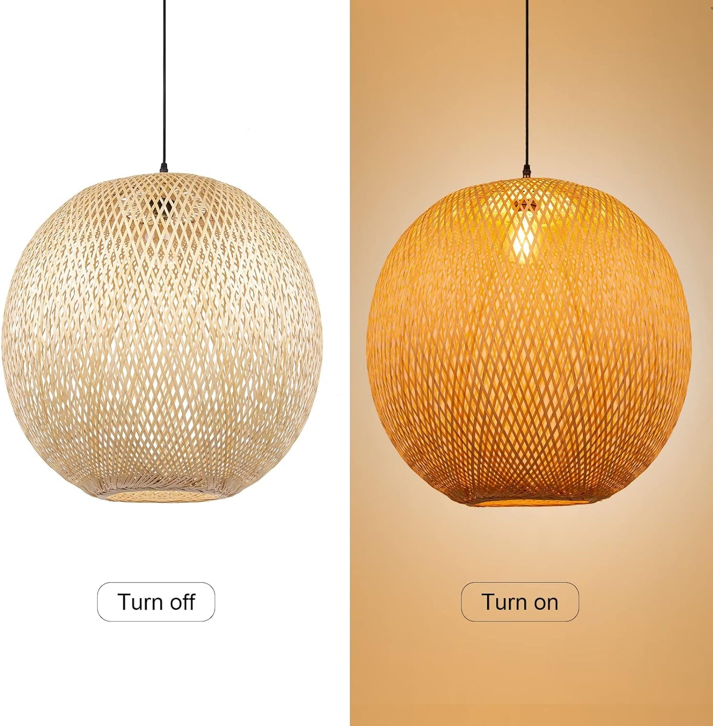 Arturesthome Bamboo Pendant Lighting Fixtures, Round Wicker Chandelier Hand-Woven Boho Basket Lampshade Hanging Ceiling Light for Kitchen Island Living Room
