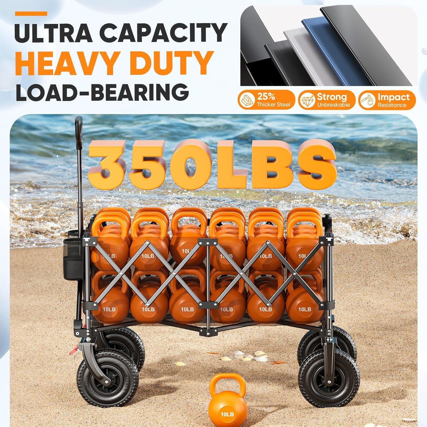 Beach Wagon with 9x3 Big Rubber Wheels for Sand, 350lbs Heavy Duty 200L Collapsible Utility Wagon, Easy Transport & Storage, Ideal for Sport, Camping, All-Terrain Outdoor Activities, Black