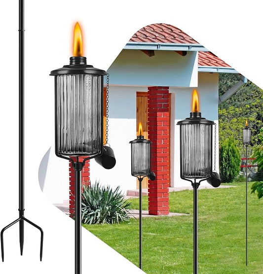 4 Pack Glass Citronella Torches, 16 oz Garden Torches for Outside with 3-Prong Grounded Stake, 55 inch Outdoor Black Glass Flame Light Torch for Yard, Patio, Deck, Garden, Party, Landscape