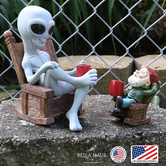Andre' & Fritz | Celebrating Friendship with a Morning Cup of Coffee | Whimsical Extraterrestrial Outdoor Decor | Garden Statue 2pc Resin Set 6.25”/ 3.50” Tall (Coffee with Friends)