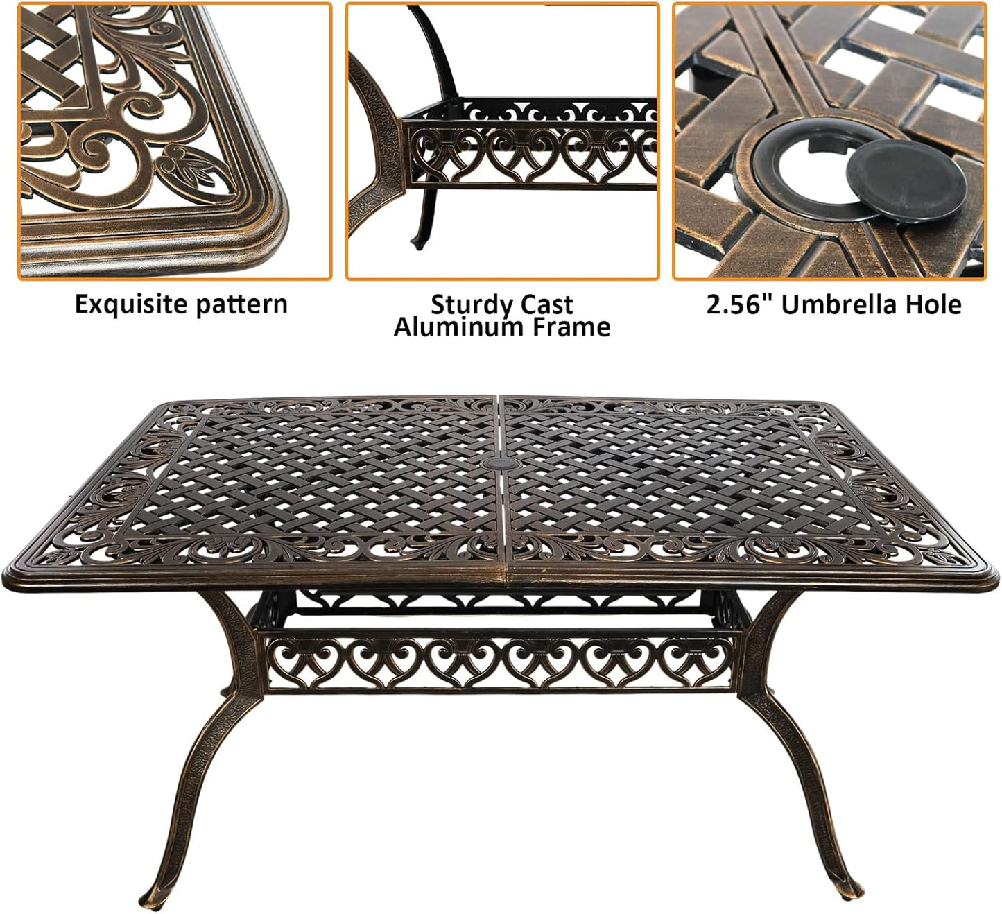 5 Piece Outdoor Dining Set, Cast Aluminum Patio Dining Set for 4 Person, Patio Furniture Set with 59" Rectangle Patio Table(2.56" Umbrella Hole) and 4 Chairs