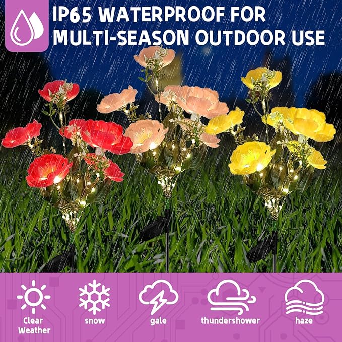 3Pack Outdoor Solar Garden Decor Lights, Waterproof Solar Powered Hydrangea Lotus Flower Lights Bright Up to 12 Hrs,Led Flowers for Yard Patio Lawn Decorative (Solar Flowers Style 1)