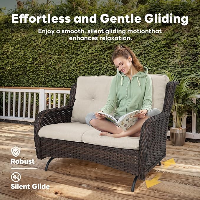 5 Piece Outdoor Patio Furniture Set - Outdoor Conversation Couch and Loveseat Glider Chair Furniture Set with Rattan Coffee Table for Deck Balcony Poolside Brown Wicker/Beige Cushions