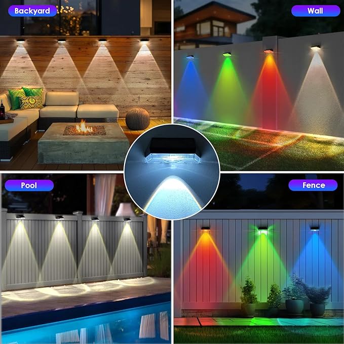 12PK Solar Fence Lights Outdoor - 3000/4000/6000K&RGB 6 Color, Dusk to Dawn Fence Lights Solar Powered, IP65 Waterproof Solar Light Outdoor for Backyard/Railing/Step/Patio/Wall