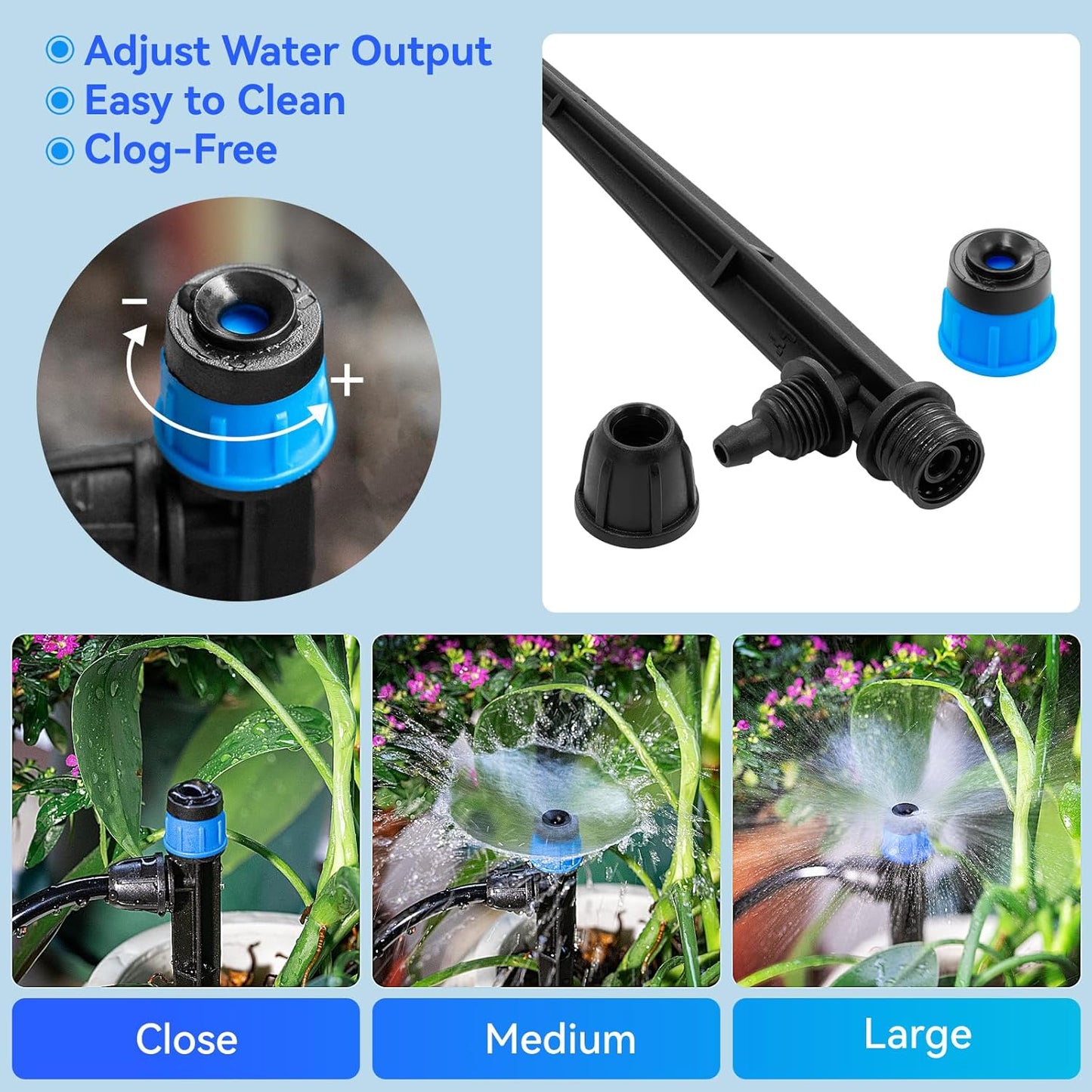 Adjustable Drip Irrigation Emitters Vortex: Fan Shape Water Flow Bubbler Stake Irrigation Dripper with Lock Barbed for 1/4 inch Tubing for Garden Watering System (50PK)