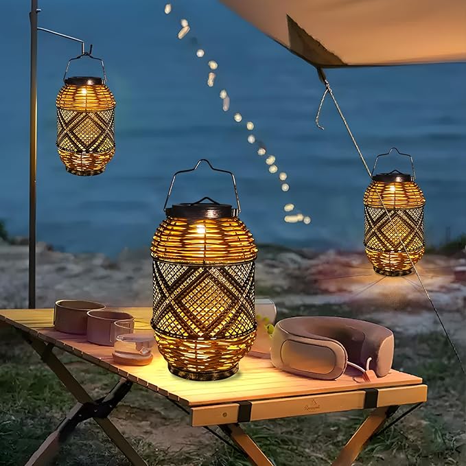 2 Pack Solar Lanterns Outdoor Waterproof,Rattan with Metal Hanging Solar Lights Boho Lanterns Decorative Lights with Handle for Patio Pathway Courtyard Tree Garden Yard Fence