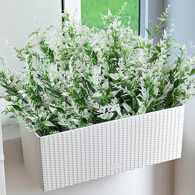 8 Pack Artificial Plants Flowers Grass Shrubs No Fade Faux Plastic Flowers Outdoor for Vases Farmhouse Garden Porch Patio Office Indoor Wedding Decoration Greenery Fake Plants (5#White)