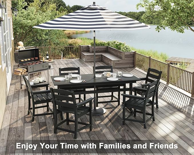 7pcs Outdoor Dining Set, HDPE Patio Dining Set for 6, All-Weather Outdoor Table and Chairs with Umbrella Hole & Adjustable Pads, Modern Patio Furniture Set for Backyard, Poolside &Lawn (Black)