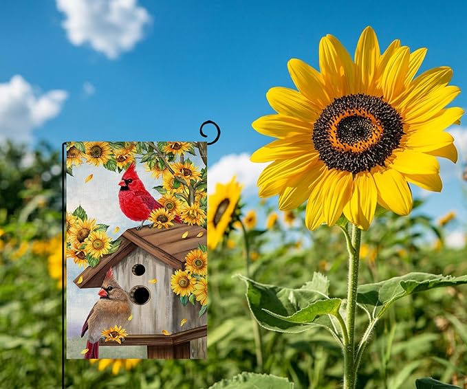 BLKWHT Summer Sunflowers Cardinal Bird Garden Flag 12x18 Vertical Double Sided Yellow Flowers Spring Farmhouse Holiday Outside Decorations Burlap Yard Flag BW815