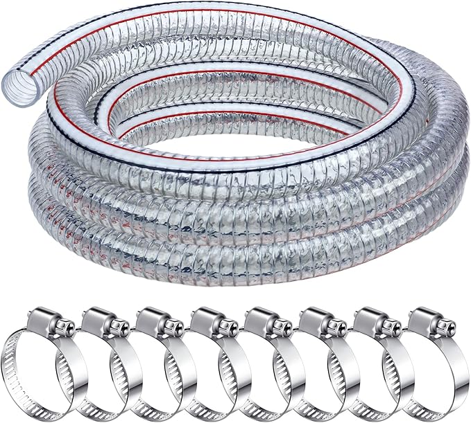 Frienda Heavy Duty Steel Wire Flexible Tubing with Fasteners PVC High Pressure Drain Hose Tube Pond Tubing Clear Wire Reinforced for Pond Bilge Pump Vacuum Suction Hose(16.4 Ft, 1 Inch Id)