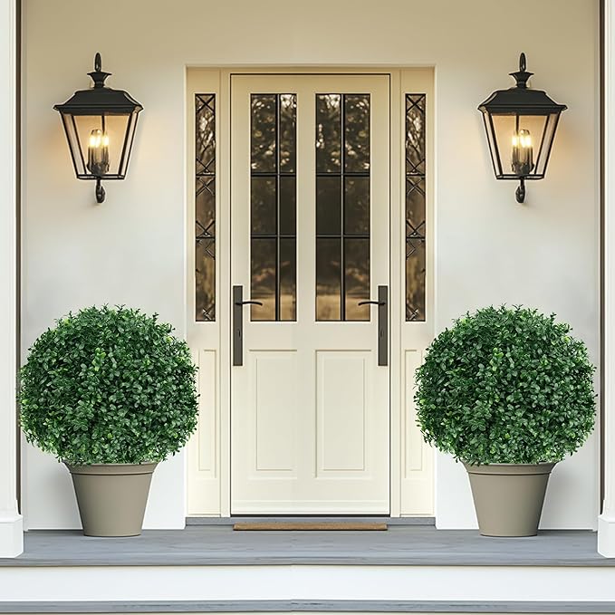 Artificial Boxwood Topiary Ball Tree with Ground Spike, Set of 2 Artificial Shrub Bushes, Fake Evergreen Tree for Porch, Artificial Plants for Outdoor Planters Indoor UV Resistant