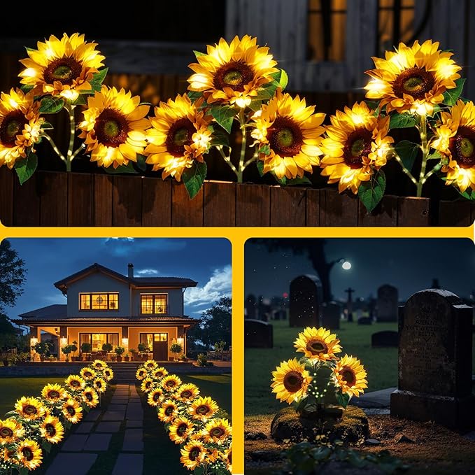 6 Pack Solar Sunflower Lights, Floral Theme, Yellow, Outdoor Garden Decor, Solar Flowers, Solar Lights for Outside Yard, Solar Sunflower Lights