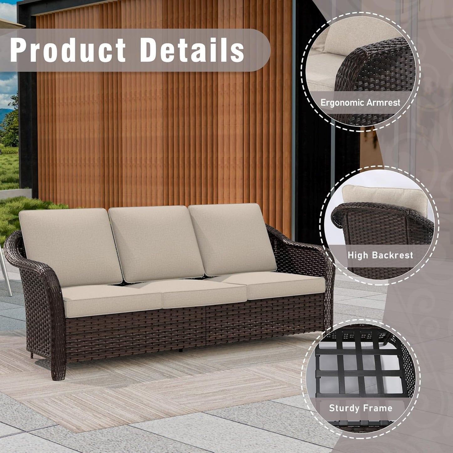 3 Piece Patio Wicker Conversation Set, All-Weather Use Outdoor Wicker Sofa with 2 PE Rattan Chair, Ideal for Porch, Backyard, Balcony, Poolside, Beige