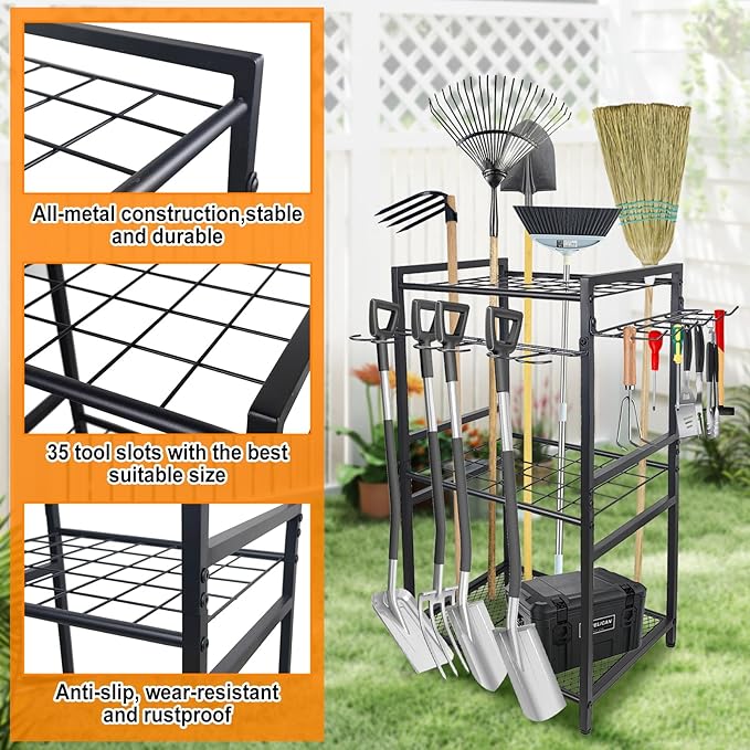 3 Tier Garden Tool Organizer, Yard Tool Tower Rack, Tool organizer up to 78 Tools, Heavy Duty Garden Tool Organizer for Garage, Yard, Patio, Shed, Indoors and Outdoors, Black