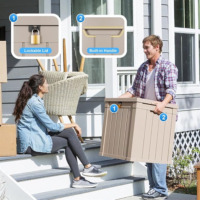 50 Gallon Resin Deck Box, Lockable Outdoor Storage Box for Patio Cushions Storage Furniture,Garden Tools, Pool Supplies, Weatherproof and UV Resistant (Grey)