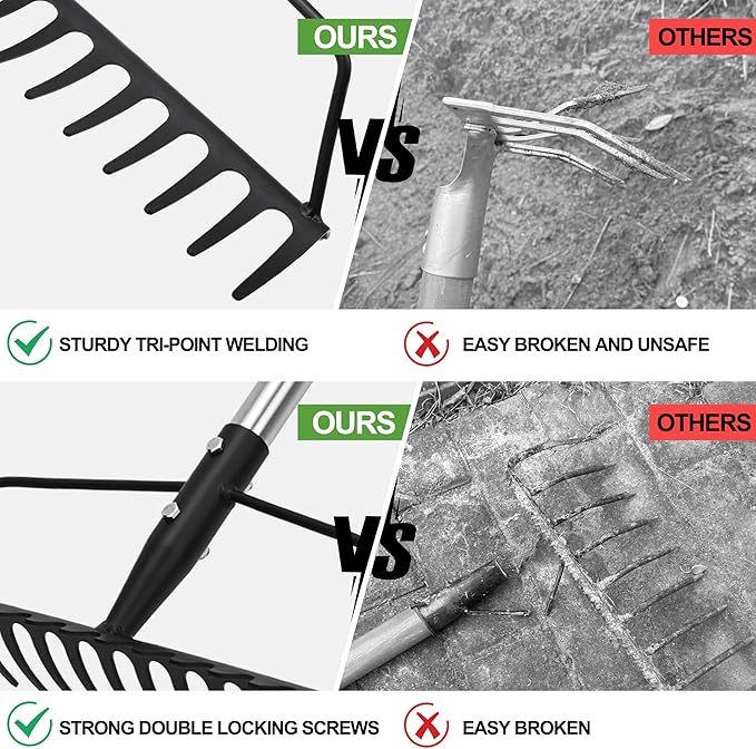 Garden Rake, Metal Sturdy and Heavy Duty Metal Rake, 16-Tine Bow Rake with Adjustable Stainless Steel Handle, Long Shaft for Loosening Soil, Leveling Mulch, Gathering Leaves