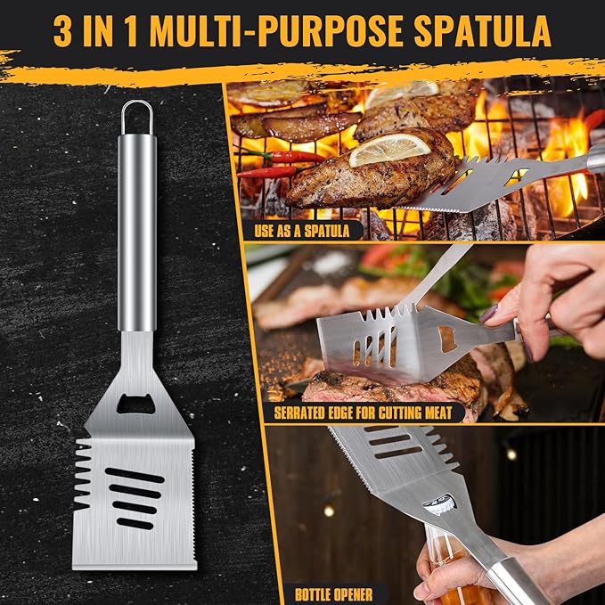 BBQ Grill Tools Set 16-inch Heavy Duty, 3 Pcs - Barbecue Utensils Kit for Camping, Kitchen, Outdoor Cooking,Suitable as a Gift for Men, Fathers, Friends