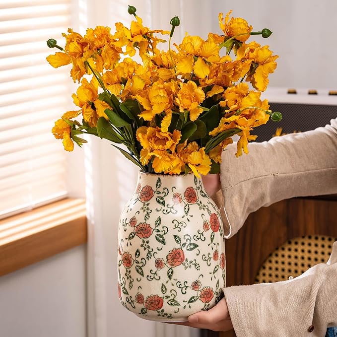 Green and Beige Vintage Round Vase, Red Rose Chinoiserie Floral Vase, Farmhouse Antique Decorative Ceramic Flower Vases for Bouquet, Home Decor, Living Room, Bookshelf, Office, Tuscan Decor 7.8 Inch